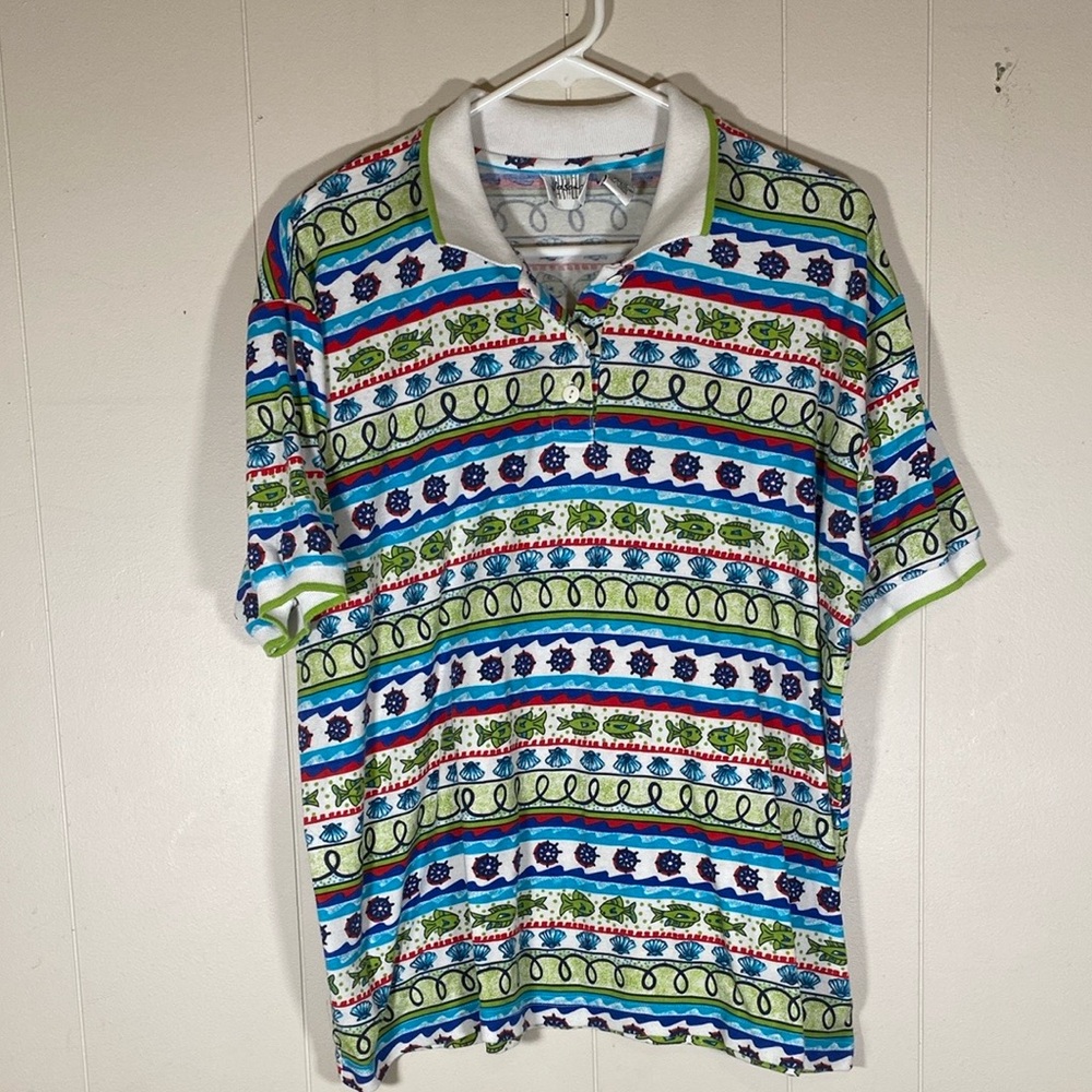Vintage funky allover print nautical Multicolor Patterned Men's polo Shirt XL